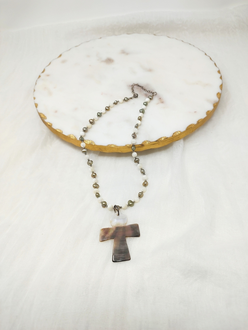 Shell Cross Pendant Necklace in Brown, Silver and Cream